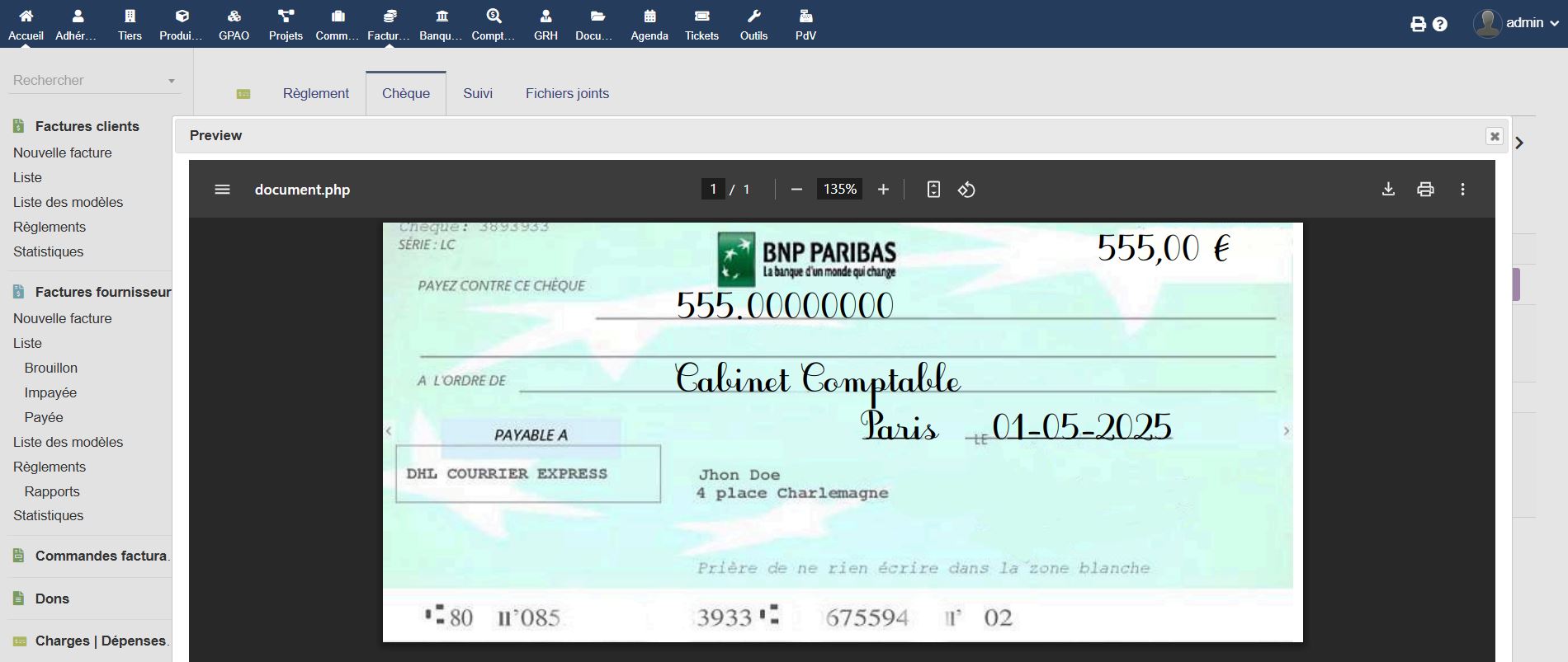 Dolibarr Cheque Print